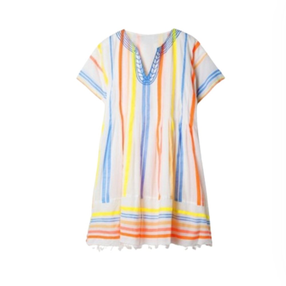 Lem Lem Tirunesh Fringed Striped Mini Dress Womens XS Blue Yellow Cotton Gauze